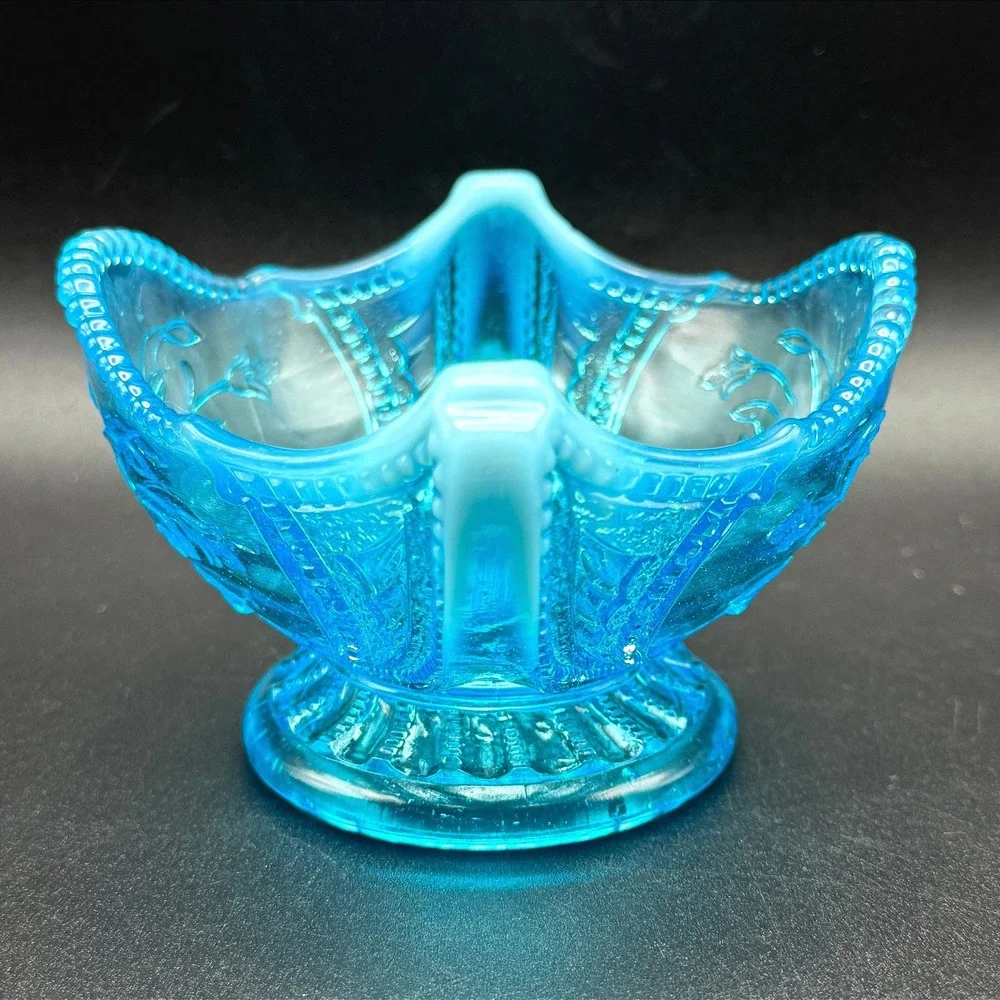 Antique Jefferson Glass Beaded Fleur de Lis Blue Opalescent Bowl c1905 Candy Nut